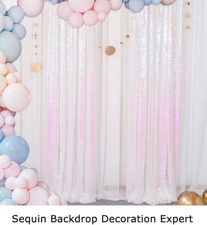 ShinyBeauty Sequin Backdrop 4 Panels White Sequin Curtains Photo Backdrop Shimmer Backgrounds for Christmas, Wedding, Studio Photography, Iridescent Party Curtains (2FTx8FT,Iridescent White)