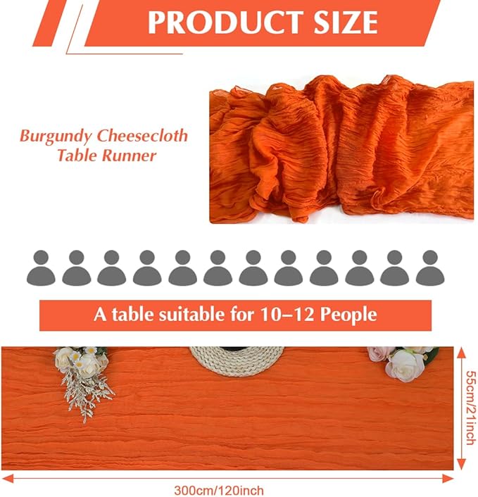 10 Pack Orange Cheesecloth Table Runner -21*120Inch Long Boho Wedding Table Decor, Rustic Gauze Fabric Runner for Bridal Showers, Baby Showers & Parties (Sheer, Lightweight, Wrinkled Design)