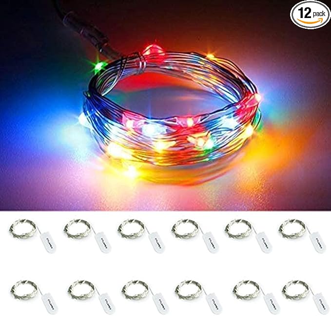 CYLAPEX 12 Pack Multicolor Fairy Lights String Battery Operated Fairy Lights Firefly Lights Micro LED Starry String Lights on 3.3ft/1m Silvery Copper Wire for DIY Christmas Decoration Costume Wedding