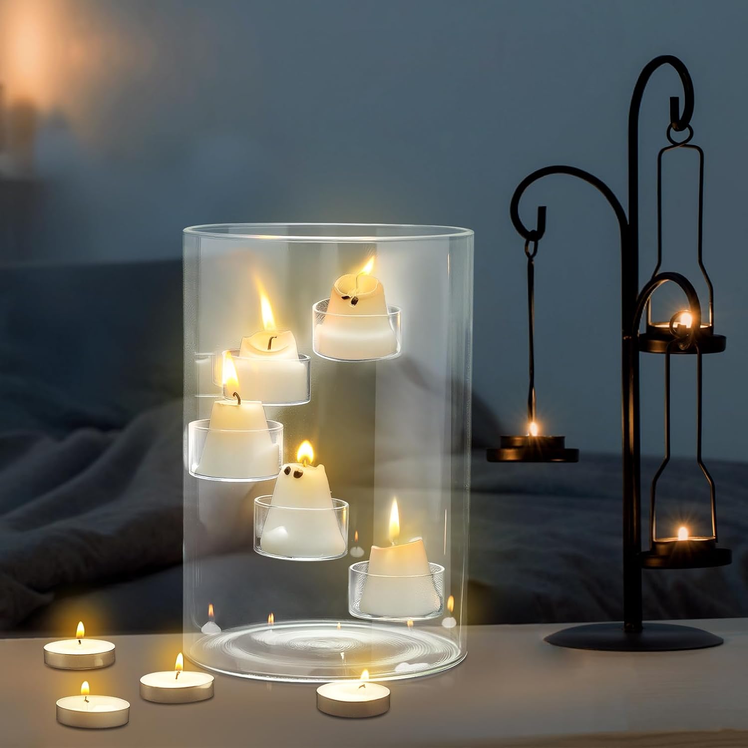 Reallnaive Halloween Glass Hurricane Candle Holder with Candles and Tea Light Clear Cylinder Pillar Candle Holder for Halloween Table Centerpiece Decorations (13 Candles,Single Style)