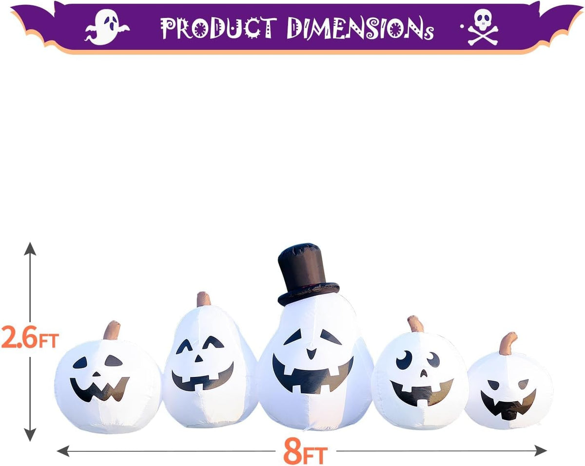 DomKom 8 FT Long Halloween Inflatable White Pumpkin Built in Colorful LED Lig...