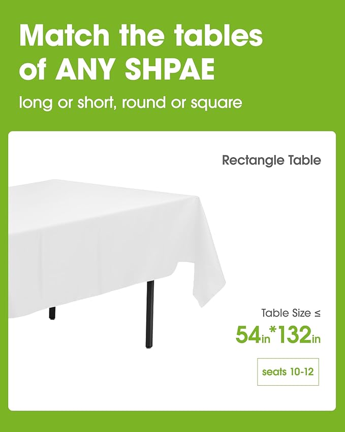 Pureegg Plastic Table Cloth Disposable 10 Pack, 54 x 132 Inch Table Cloths, Party, Picnic, Wedding, Decorative Tablecloths, Rectangle, White Plastic Cover, Leakproof & Sturdy, White