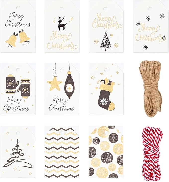 100 Pack Fashion Christmas Gift Tags， Xmas Fashion Gift Tags with Jute Twine Baker Twine for DIY Xmas Holiday Present Wrap Stamp and Label Package Name Card
