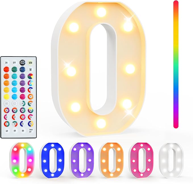Pooqla Colorful Light Up Numbers, 35 Colors LED Marquee Number Lights for 10th Birthday Decorations with Remote, RGB Lighted Numbers for Party, Wedding, Bar, Night Light, Home Decor, Number 0