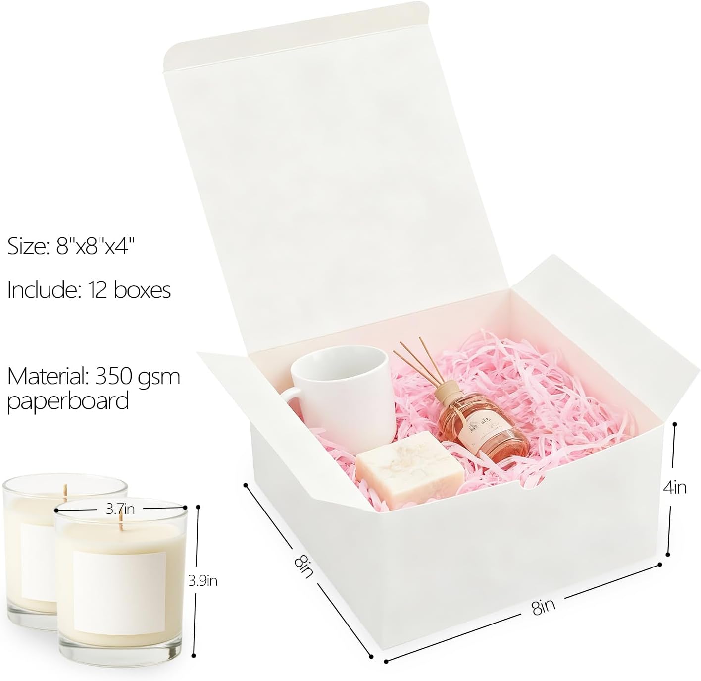 Frantis 12 Pack White Gift Boxes, 8x8x4in Gift Box with Lids, DIY Bridesmaid Proposal Box, Recyclable,Foldable Box for Wedding, Party Favors