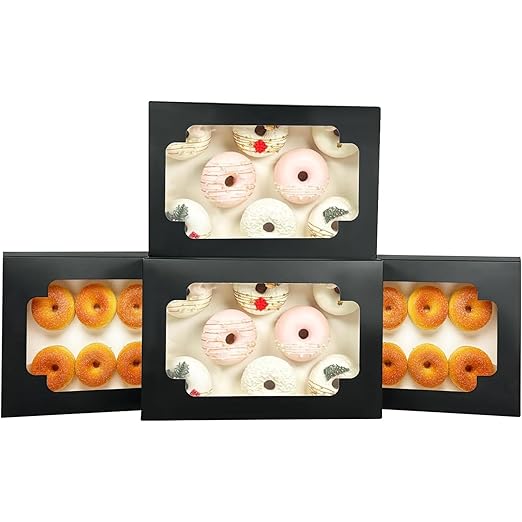 qiqee Auto-pop up Black Cookie Box with Window 12x8x2.5 inch 32 Packs Two Uses One Second Folding Pastry Biscuit Bakery Box for Packaging