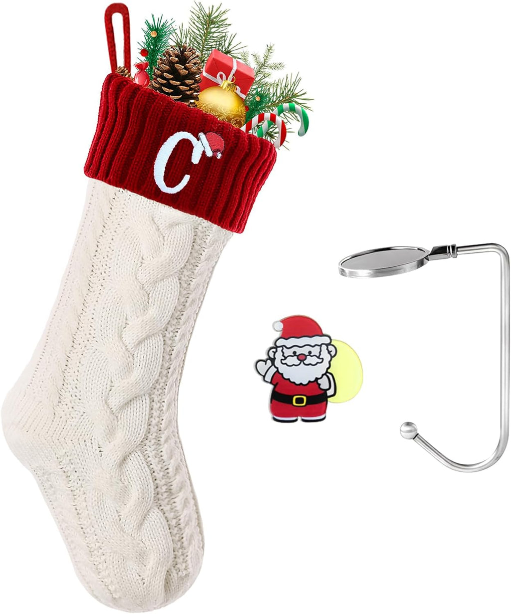 Christmas Stockings with Initials, Personalized Embroidered Monogram 18 Inches Knitted Christmas Stockings Fireplace Xmas Stockings for Kids,Family Holiday Party Decoration White Red Letter C