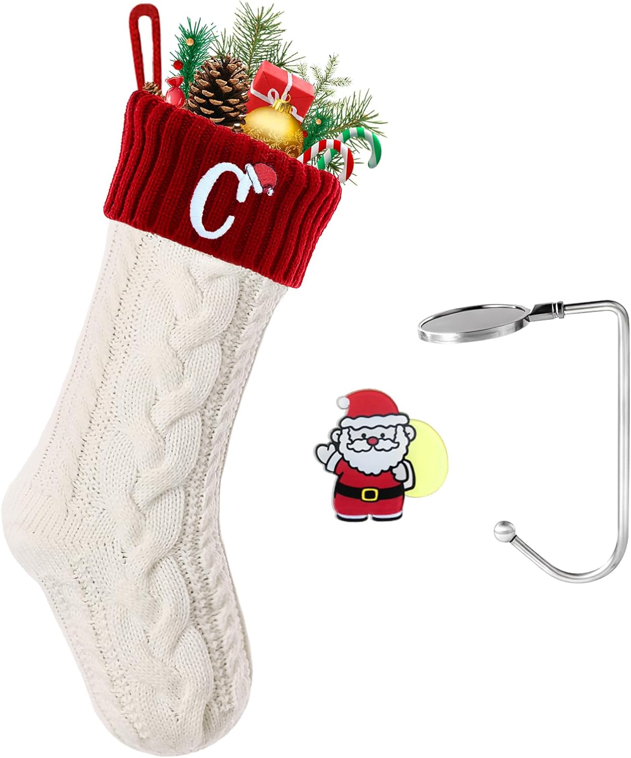 Christmas Stockings with Initials, Personalized Embroidered Monogram 18 Inches Knitted Christmas Stockings Fireplace Xmas Stockings for Kids,Family Holiday Party Decoration White Red Letter C