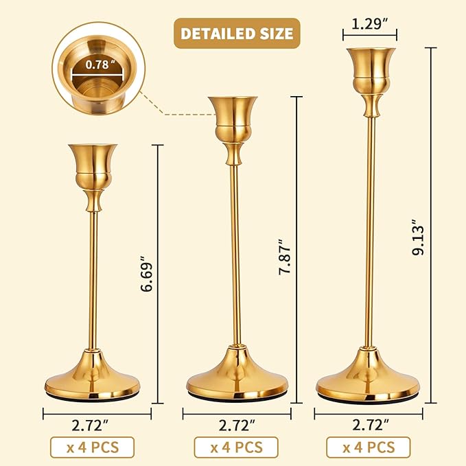 CHILL RECIPE Candlestick Holders Gold Taper Candle Holders, 12 PCS Candle Sticks Holders for Home Decor Table Centerpiece Wedding Housewarming Festival