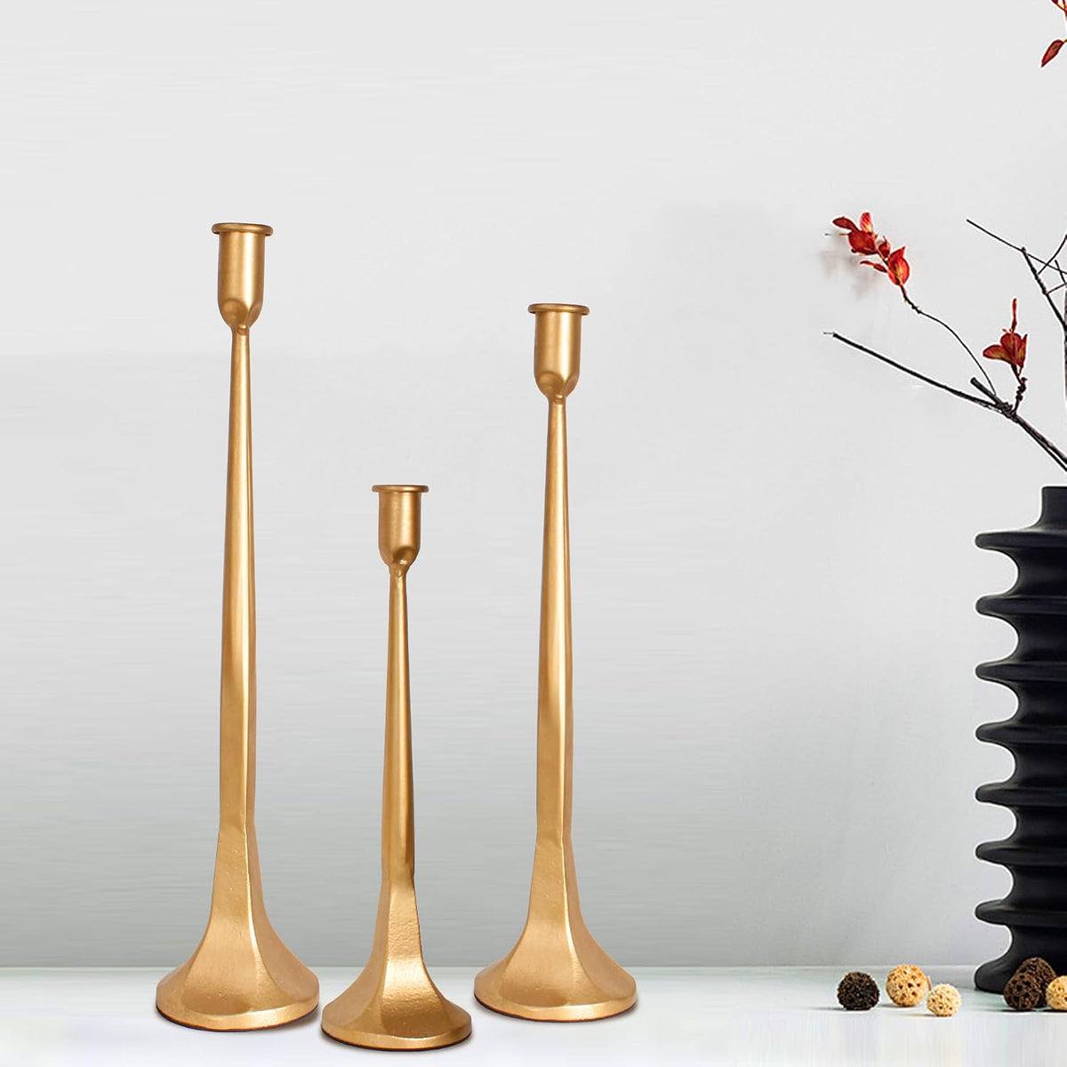 Golden Taper Candle Holders Set of 3, Tall Candlesticks
