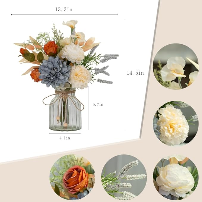 LESING Dahlia Flower Aritificial Flower with Vase Fake Silk Flowers in Glass Vase Faux Rose Flowers Arrangement for Home Office Table Centerpiece Decoration (Blue)