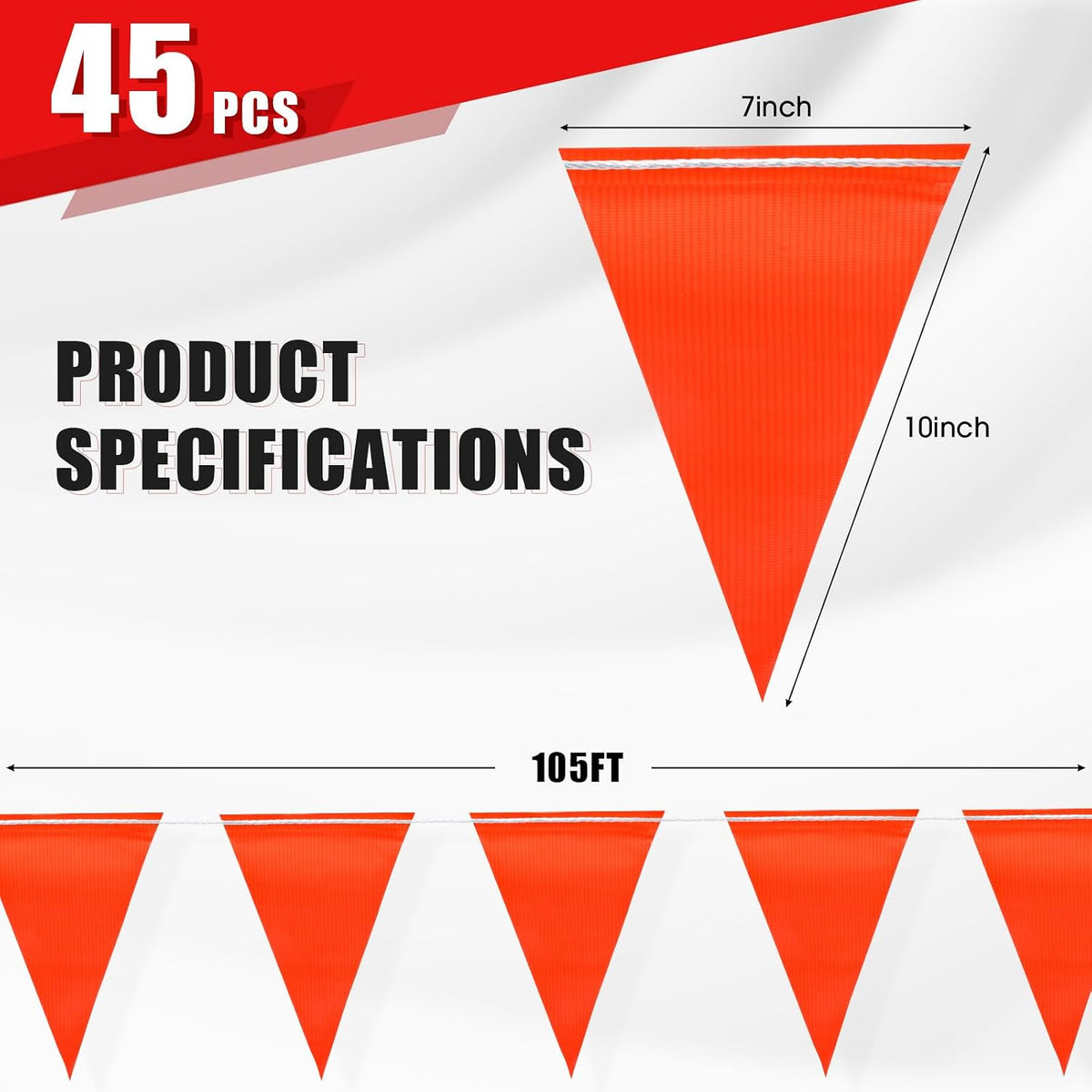 Safety Warning Pennant Banner Flags(Orange,45pcs,105ft)