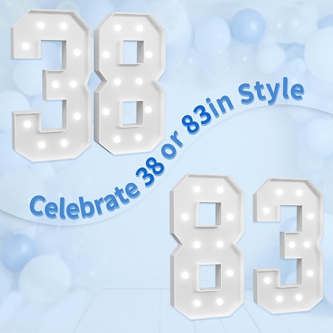 imprsv Marquee Numbers Large 38th-Birthday Decorations: 4ft Light Up Number Party Decor 38 Year Old 83rd Birthday Decoration Backdrop 83 Anniversary Cardboard Big Mosaic Balloon Frame Number 38