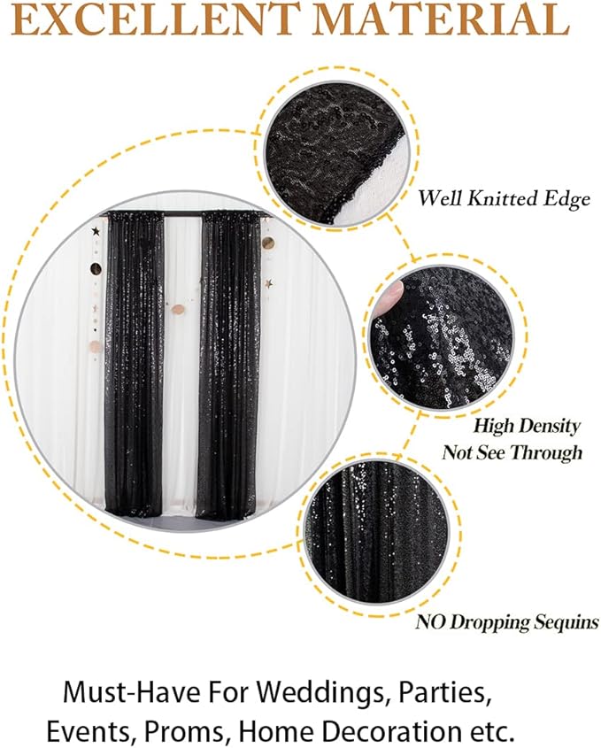 ShinyBeauty Black Sequin Backdrop Curtains 2 Panels Sequin Bakdrop 4x8FT Shimmer Backdrop for Photograph Wedding Backdrop Drapes Black Glitter Backdrop Curtain