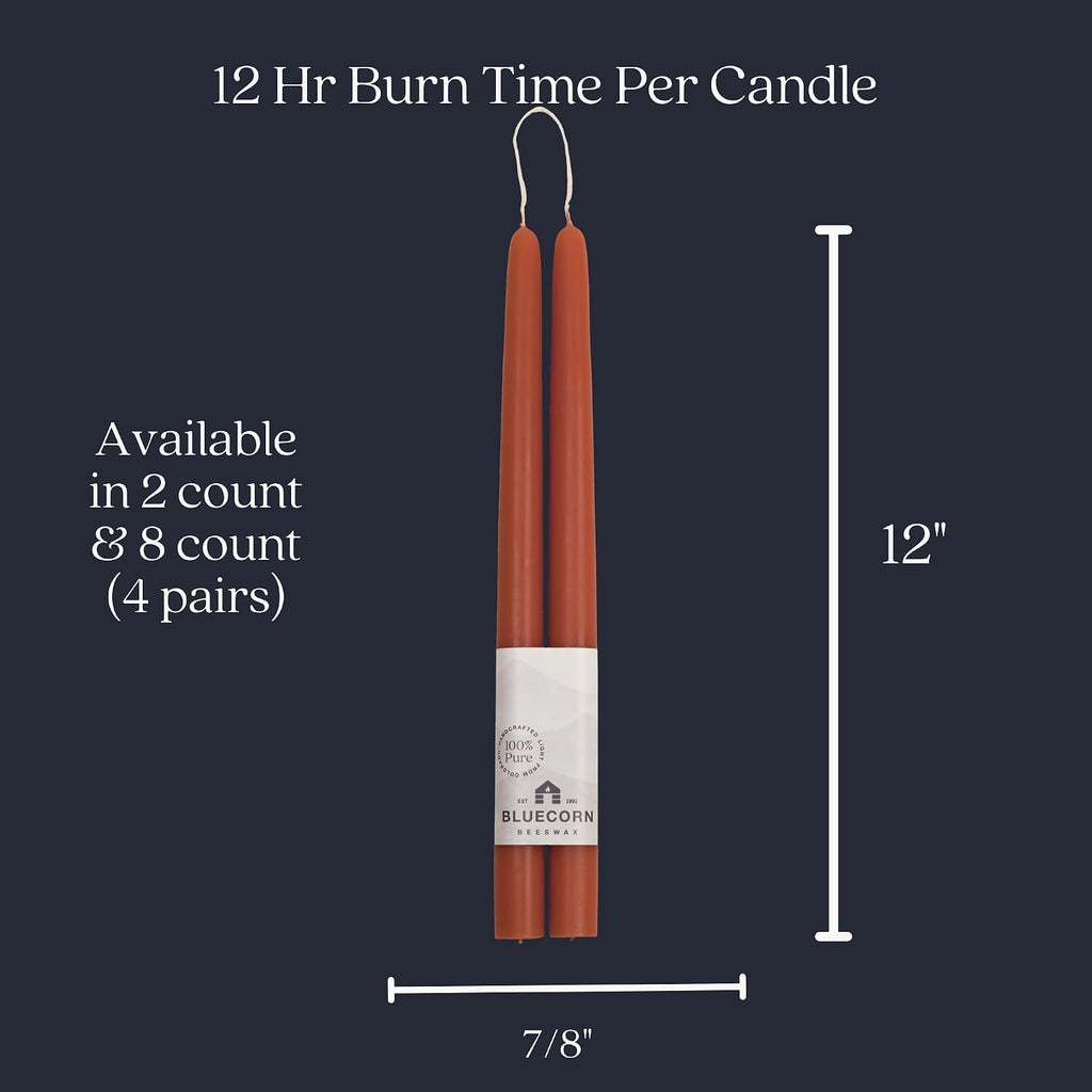 Bluecorn Beeswax Taper Candles, 12 Inch Terracotta, 2 Count | 100% Pure Natural Bees Wax, Clean Burning & Dripless, Fragrance Free, Long Lasting, American Made