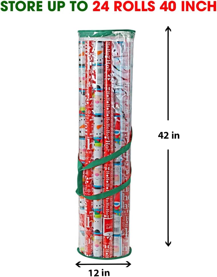 ProPik Christmas Wrapping Paper Storage Bag, Organizer Fits Up to 24 Rolls 40 Inch, Clear Heavy Duty PVC Bag with Handles and Zippered Top for Gift Wrap and Ribbons (Green)