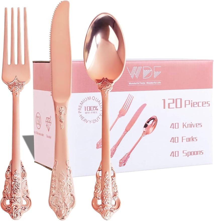 WDF 120Pieces Rose Gold Plastic Silverware - Heavy Duty Rose Gold Plastic Cutlery Set - Disposable Rose Gold Utensils - Rose Gold Flatware Includes 40 Forks, 40 Spoons, 40 Knives for Wedding