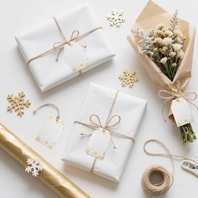 100Pcs Golden Snowflakes Gift Tags with String Attached Gift Tags for Presents Personalized White Paper Gift Labels for Birthday Party Wedding Christmas Favor Gift Wrap