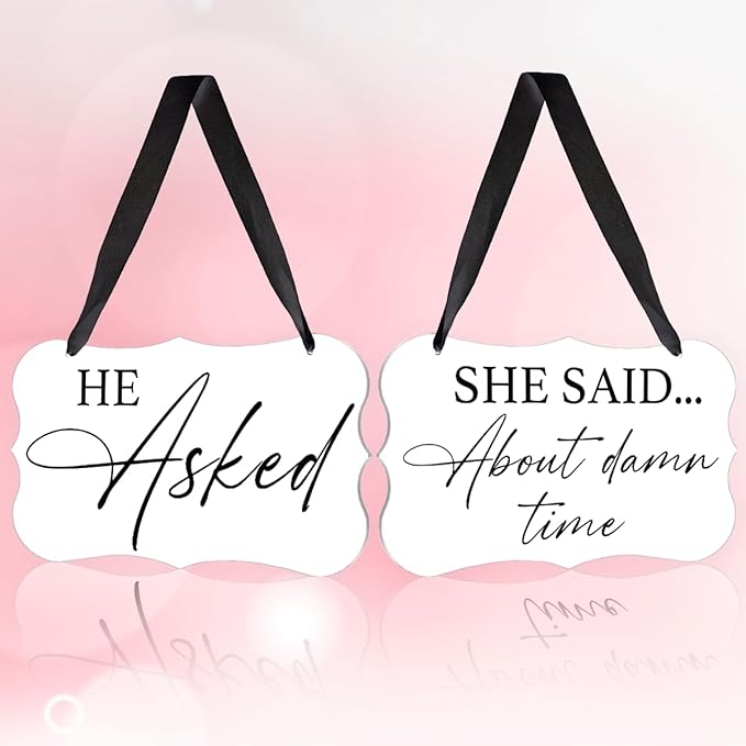 2 Pcs Acrylic Wedding Sign, Ring Bearer Sign, Rustic Wedding Decor Signs, Acrylic Wall Art With Ribbon for Chairs Weddings Decor and Event Party - He Asked She Said About Damn Time (White)