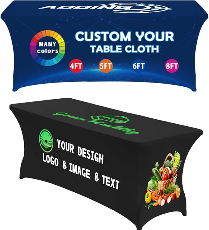 Custom Table Cloth with Business Logo 4FT 5FT 6 FT 8 FT Spandex Customized Table Cover Stretch for Tradeshow Events Birthday Wedding Anniversary Mantel Personalized Table Cloth (6FT)