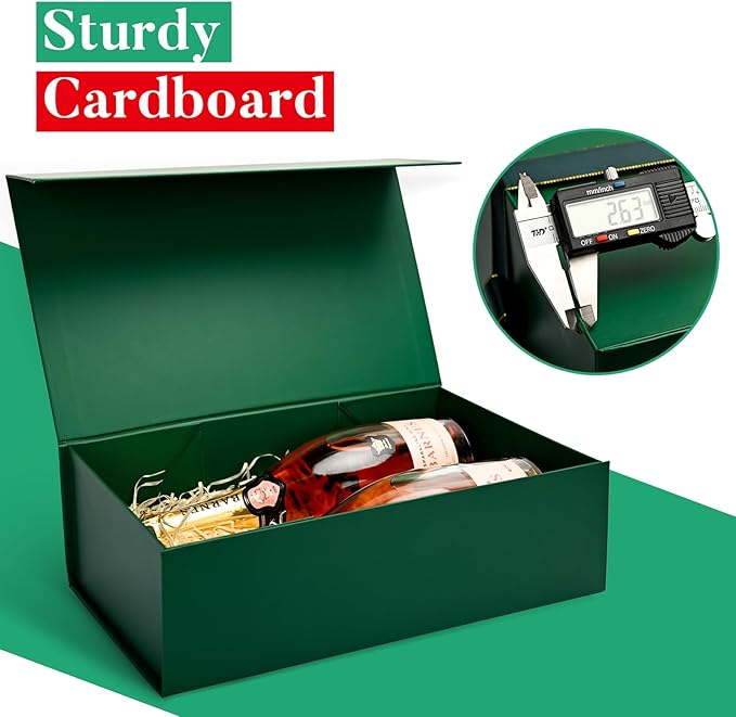 LIFELUM 5 Pack Christmas Gift Boxes Large Green Boxes of Gifts 13.85 x 8.35 x 4.45 inch Gift Boxes Storage Gift Boxes with Strong Magnetic Lid for Presents Contains Card, Ribbon, Filler,Sticker