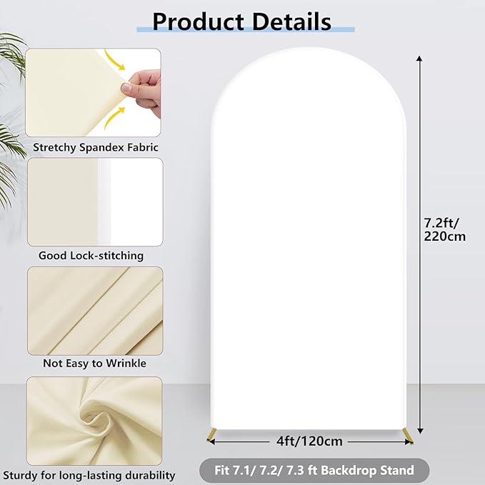 Hemmotop 7.2 ft Arch Backdrop Cover (One Piece Double Color), White and Light Beige Spandex Arch Stand Covers, Fabric Stretchy Background for Balloon Arches, Wedding, Birthday Party, Baby Shower