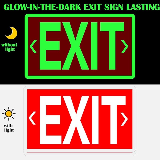 20 Pcs Glow in the Dark Exit Signs for Business 12 x 7 Inch Photoluminescent Signs Stickers for Indoor Outdoor for Business, Office, Warehouse (with Arrows)