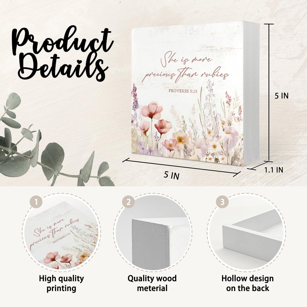 Girl Nursery Christian Room Decor For Baby Girls, Wildflower Flower Nursery Bible Verse Floral Wooden Box Desk Decor for Room Baby Girl Gift 5x5 Inch