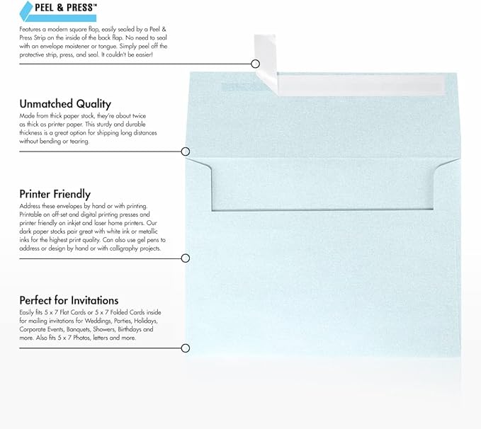 LUXPaper A7 Invitation Envelopes | Peel & Press | 5 1/4" x 7 1/4" | Aquamarine Metallic | 80lb. Text | 250 Qty