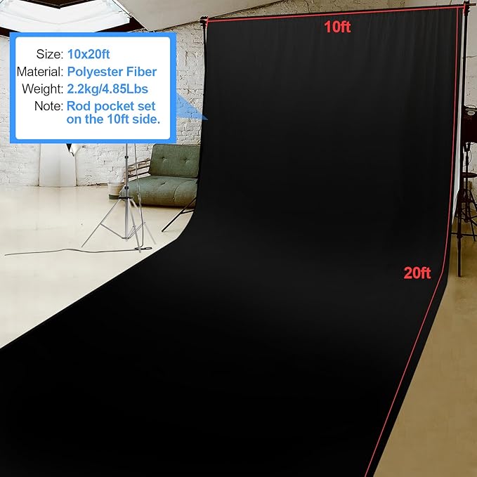 HEMMOTOP Black Backdrop Background,10x20 ft Black Screen for Photoshoot, Photo Backdrop Cloth for Party, Photography, Photo Video Studio and Television (Backdrop only)