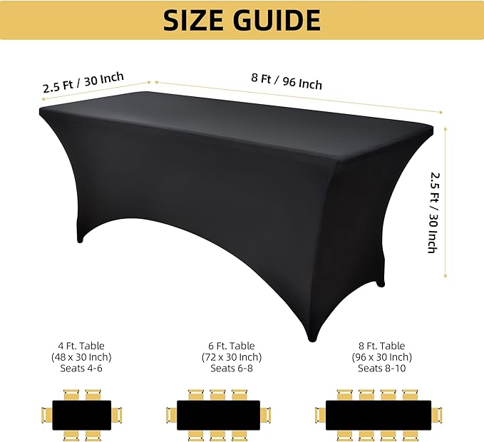 6-Pack 8ft Black Spandex Table Covers for Rectangle Folding Tables - Washable Elastic Tablecloth - Ultimate Fitted Table Protector for Birthday Parties, Trade Shows, Banquet