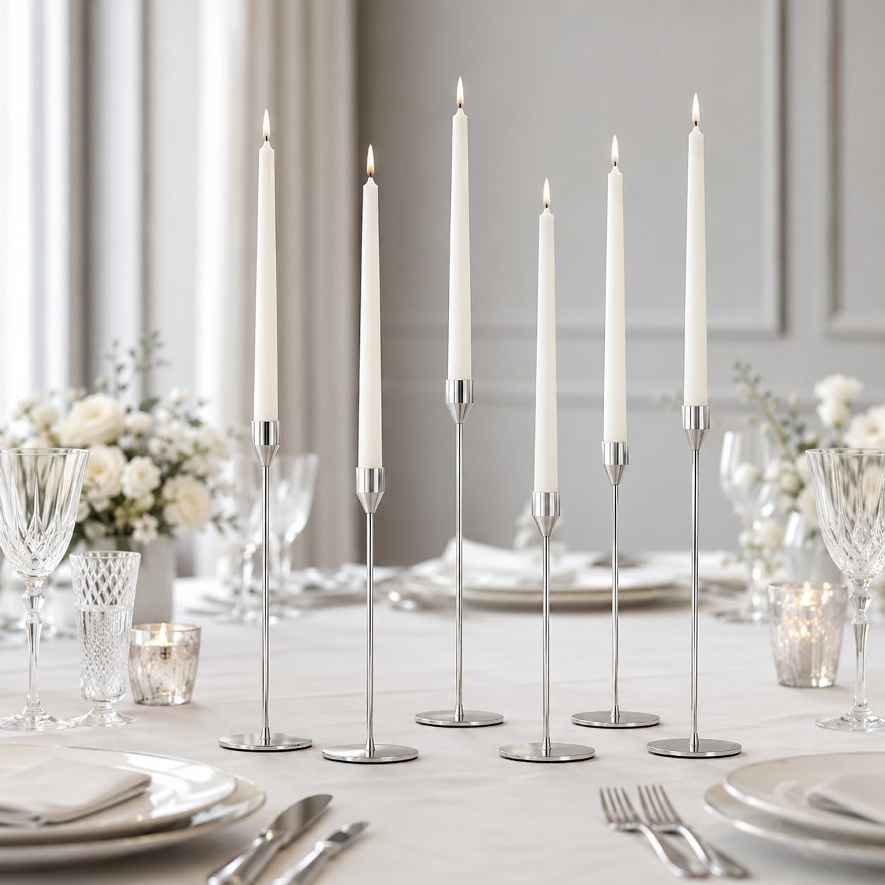 NLBTW Silver Candlestick Holders Set of 6 for Modern Elegant Home Decor | Taper Candle Holders in 3 Heights for Weddings, Formal Dinners, Christmas Mantels and Holiday Tables