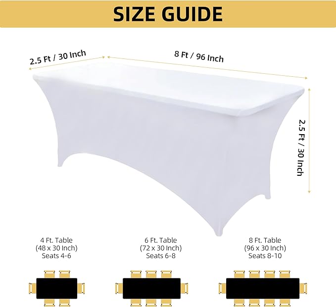 2-Pack 8ft White Spandex Table Covers for Rectangle Folding Tables - Washable Elastic Tablecloth - Ultimate Fitted Table Protector for Birthday Parties, Trade Shows, Banquet
