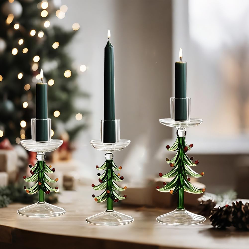 3Pcs Christmas Tree Candle Holder Christmas Taper Candlesticks Holders Green Glass Table Centerpieces Decoration for Xmas Party Wedding Mantel Decor