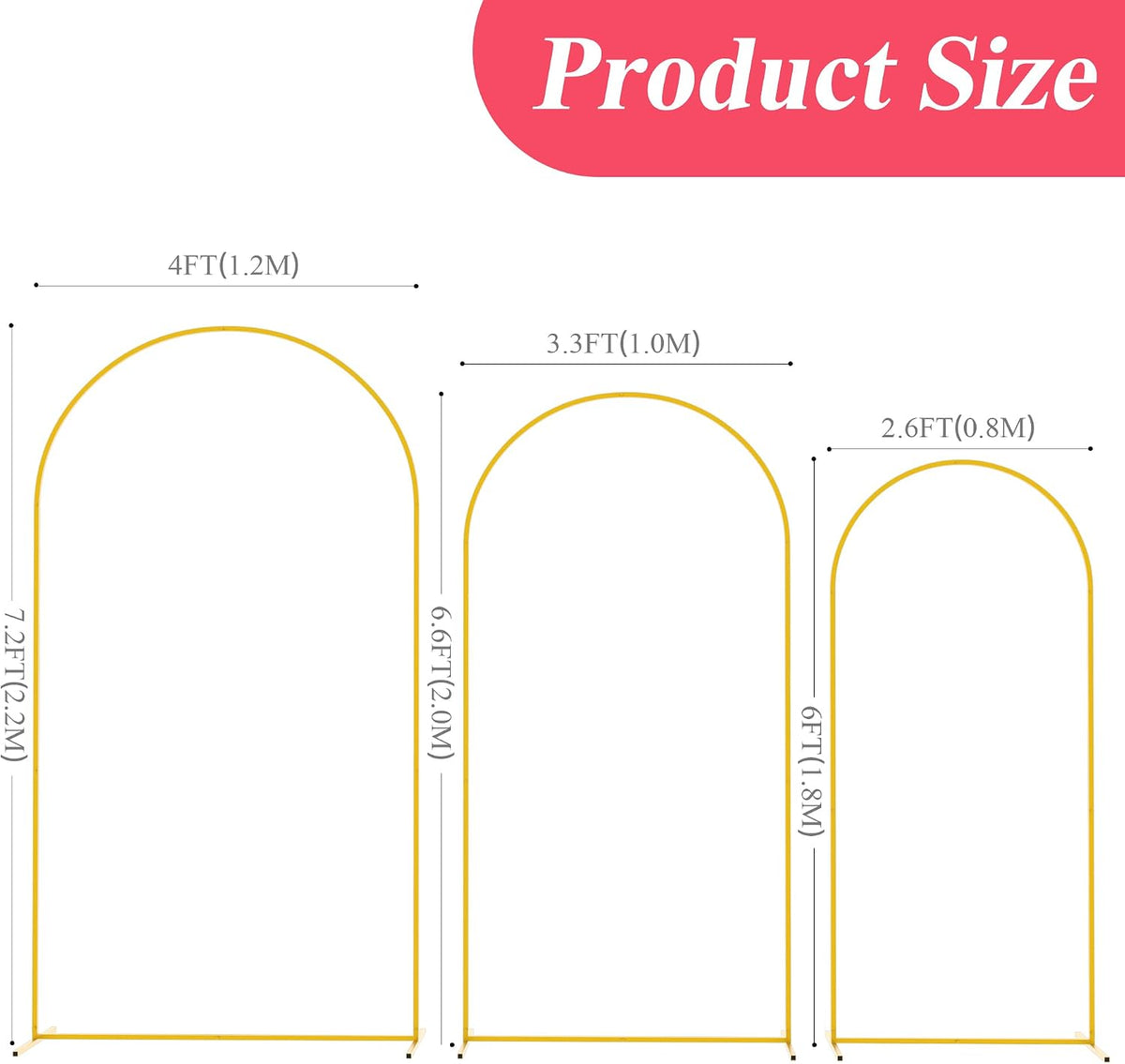 Asee'm Wedding Arch Backdrop Stand Set of 3 (7.2FT, 6.6FT, 6FT) Gold Metal