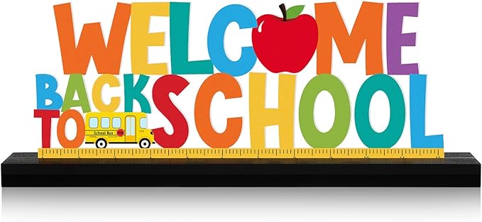 Welcome Back to School Metal Sign First Day of School Table Decor Metal Word Sign with Wooden Base for Classroom Teacher Party Favor Supplies Tiered Tray Decor Shelf Tabletop Decorations