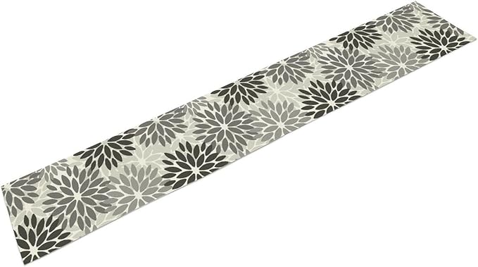 Gray Dahlia Flower Table Runner, Vintage Modern Linen Geometric Pattern Floral Table Runner Spring for Farmhouse Kitchen Dining Party Holiday Party, 13x70 Inch
