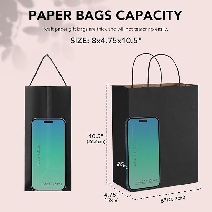 METRONIC Kraft Paper Gift Bags with Handles 8x4.75x10.5 Inch 600 Pcs | Christmas, Birthday Party Favors, Retail Shopping, Small Business Bulk | Black Gift Wrap Bag