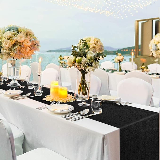 Sequin Table Runners 5 Pieces Black Table Runners 12x72 Inch Glitter Dining Table Cover for Party Wedding Birthday Reception Banquet Decoration Spring Party Chair Sashes