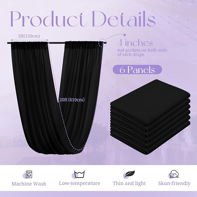 6 Panels Black Ceiling Drapes for Wedding, 5ftx20ft Ceiling Drapes Cheesecloth Sheer Fabric Curtain Wedding Arch Draping Fabric Romantic Ceilings Decorations for Weddings Party Ceremony Stage