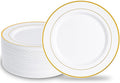 N9R 100PCS Gold Plastic Plates, 10.25 inch White Disposable Dinner Plate with Gold Rim, Heavy Duty Plates for Party Wedding and Birthday