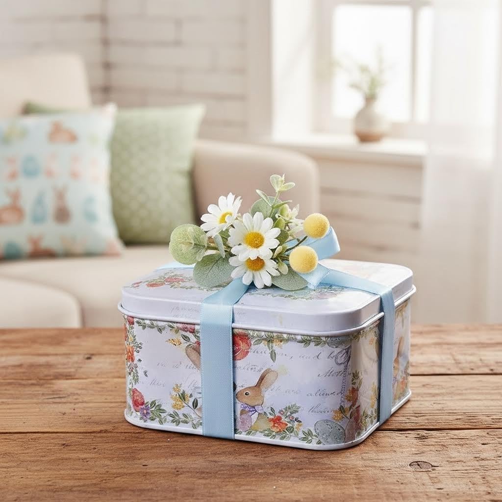 Easter Rabbit Metal Storage Tin with Handle (Style A) - 4.1" Vintage Garden Bunny Treat Box, Decorative Floral Tinplate Organizer for Easter Eggs