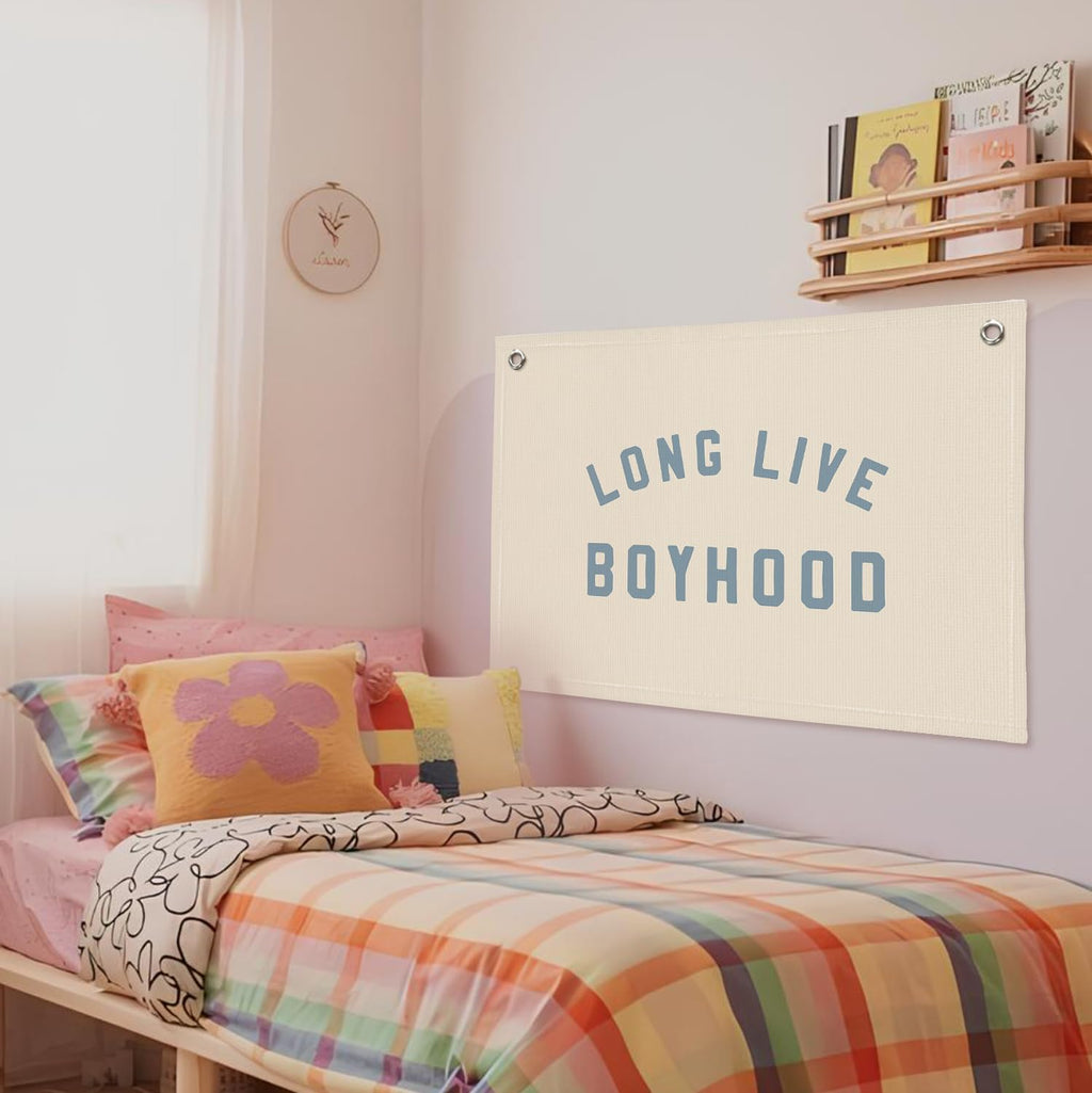 Boys Room Decor, Long Live Boyhood Banner, Baby Boy Shower Decorations, Linen Canvas Banner Wall Hanging Flag Decor for Toddler Boy Room Nursery Playroom 20x30