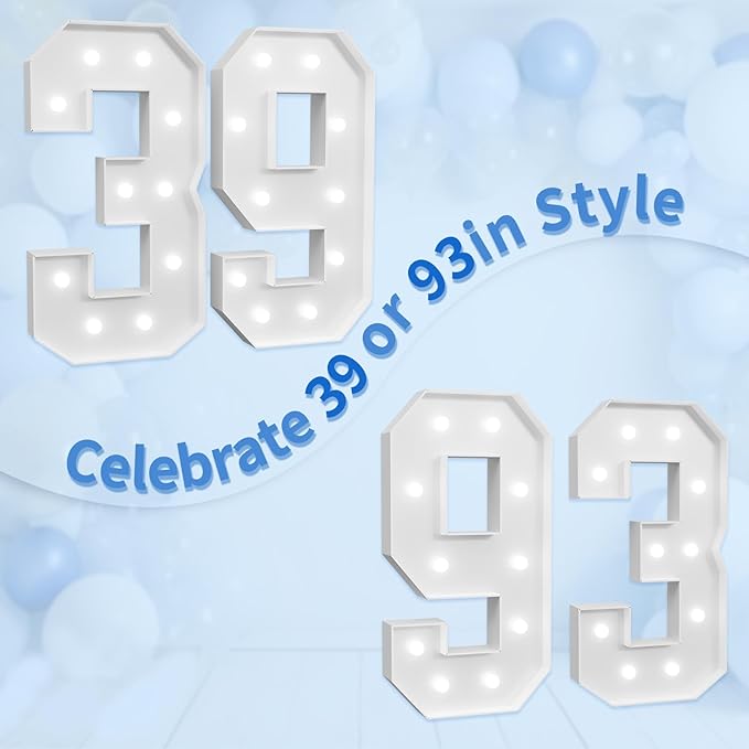 Marquee Numbers Large 39th-Birthday Decorations: 4ft Light Up Number Party Decor 39 Year Old Women And Men 93rd Birthday Decoration Backdrop 93 Anniversary Cardboard Big Mosaic Balloon Frame Number 39