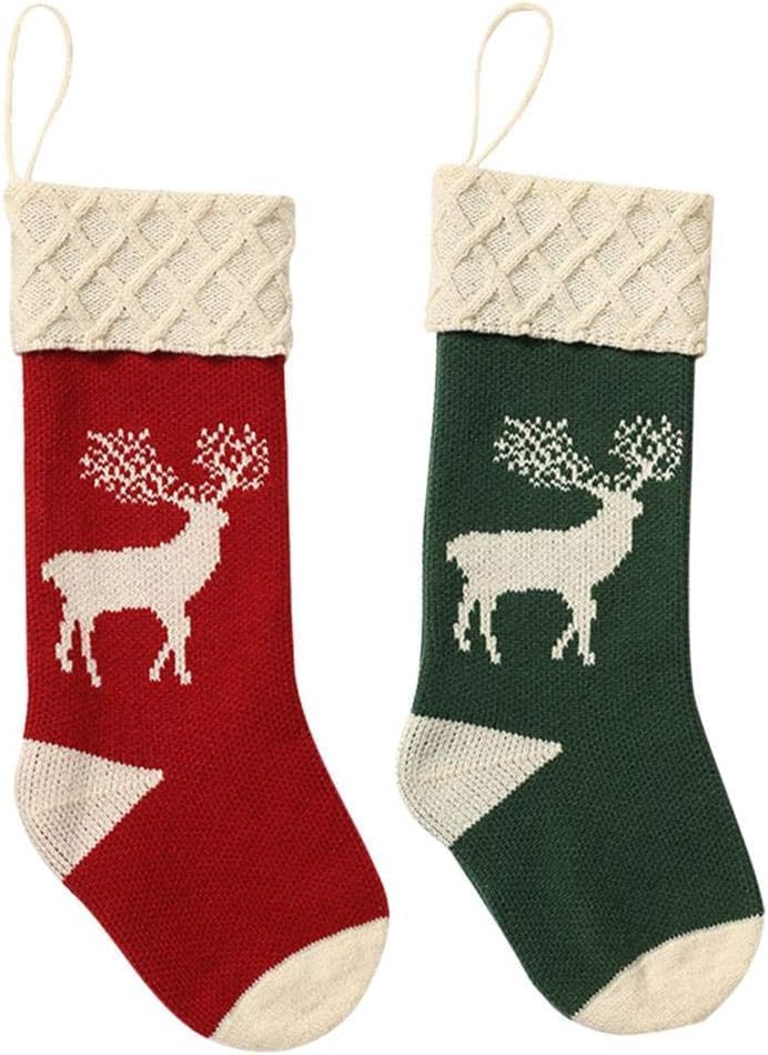 Christmas Stockings,Big Size 2Pack 18-Inch Extra Long Hand-Knitted Red/Green Reindeer Snowflakes Xmas Character for Family Holiday Season Decor