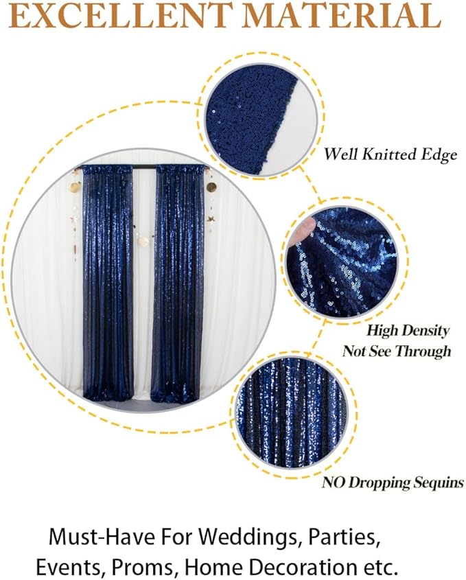 ShinyBeauty Sparkle Backdrop Curtain Navy Blue 2 Panels Set Sequin Photo Backdrop 2FTx8FT Sequin Backdrop Curtain Pack of 2-1220S