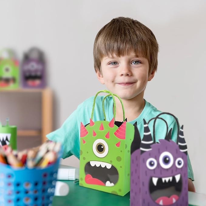 Cheerland Monster Party Favor Gift Bags Halloween Goodie Bag Monster Birthday Party Decorations Bag Summerween Candy Trick Or Treat Paper Goodie Bags Cartoon Themed Kids Theme Party Supplies 8 Pcs