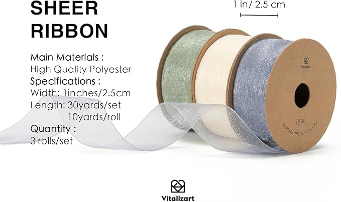 Vitalizart Organza Sheer Ribbon Set 1 inch x 30 Yd Handmade Fabric Ribbons for Gift Wrapping Christmas Tree Crafts Bows Wedding Invitations Wreaths Wrap Cream White Dusty Blue & Green