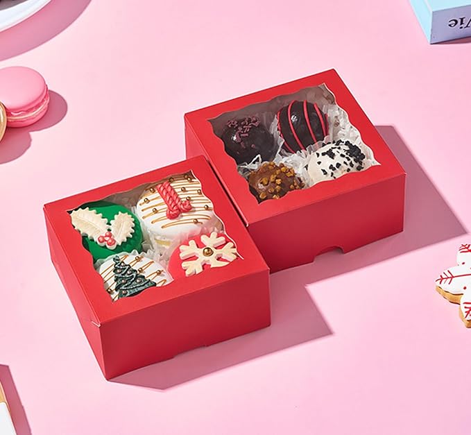 50-Count 4x4x2 Food-Safe Classic Red Bakery Boxes - Multi-Use Pastry & Treat Packaging for Cookies, Truffles & Wedding Favors (Stackable Gift Boxes for Cakes, Pies & Cinnamon Rolls)