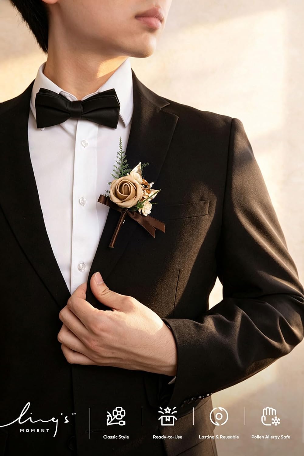 Ling's moment Boutonniere for Men, 2pcs Groom Groomsmen Guest Boutonniere, Artificial Flowers for Wedding/Prom/Homecoming, etc.Brown Golden Glove